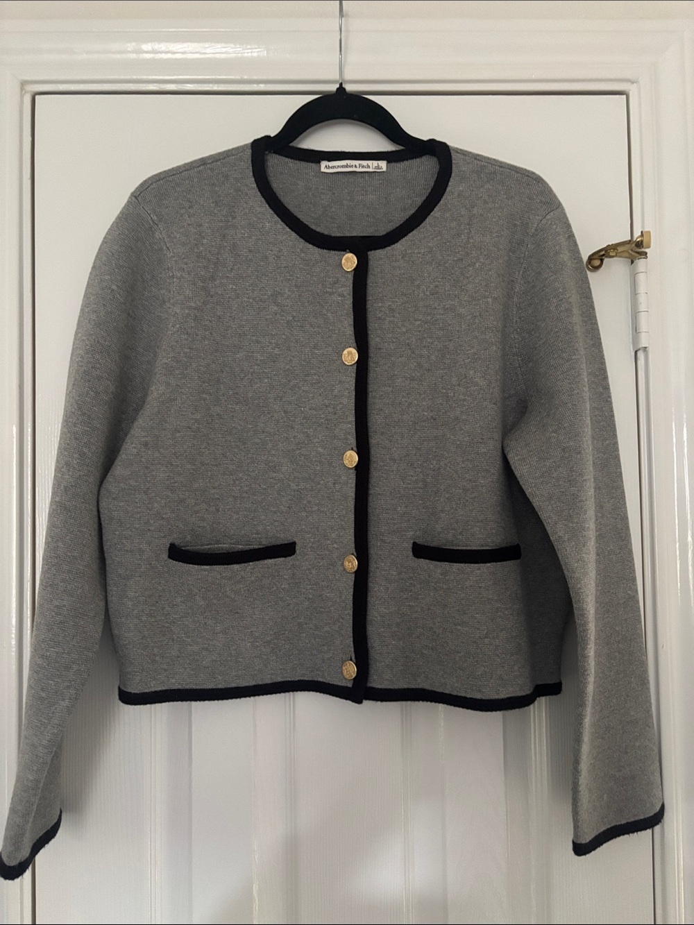 Abercrombie & Fitch Gray Cardigan with Black Trim and Gold Buttons
